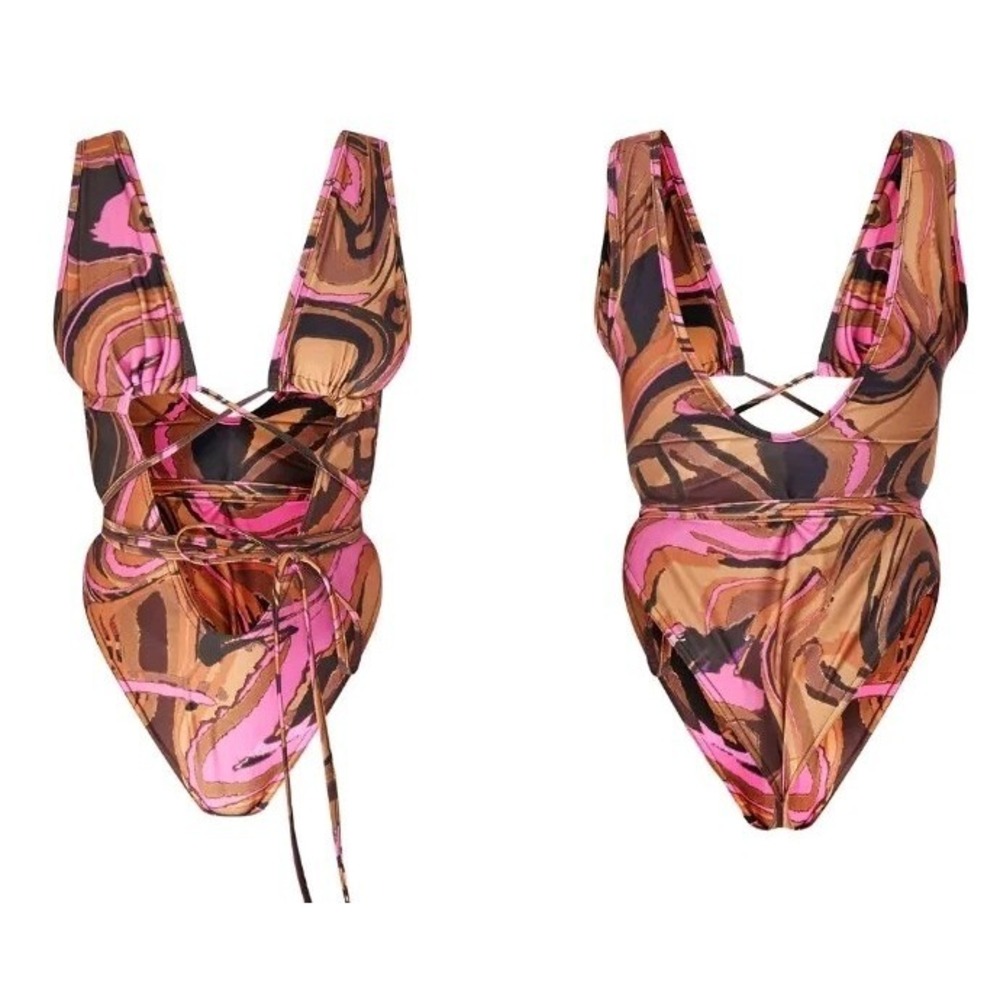Pink‎ Marble Cut Out Multiway Wrap Waist Plunge Swimsuit Size 12